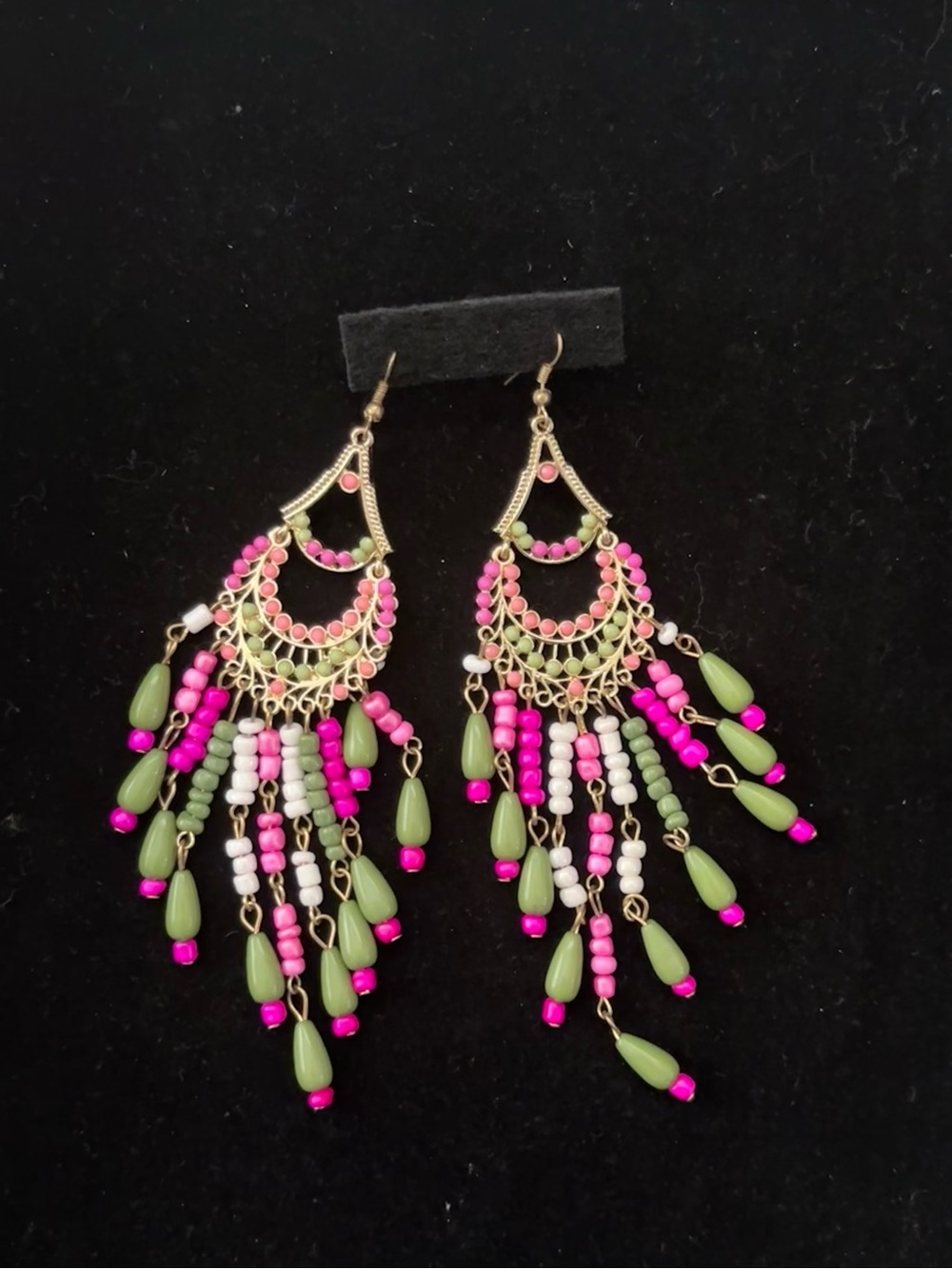 Boho Pink & Olive Beaded Chandelier Earrings